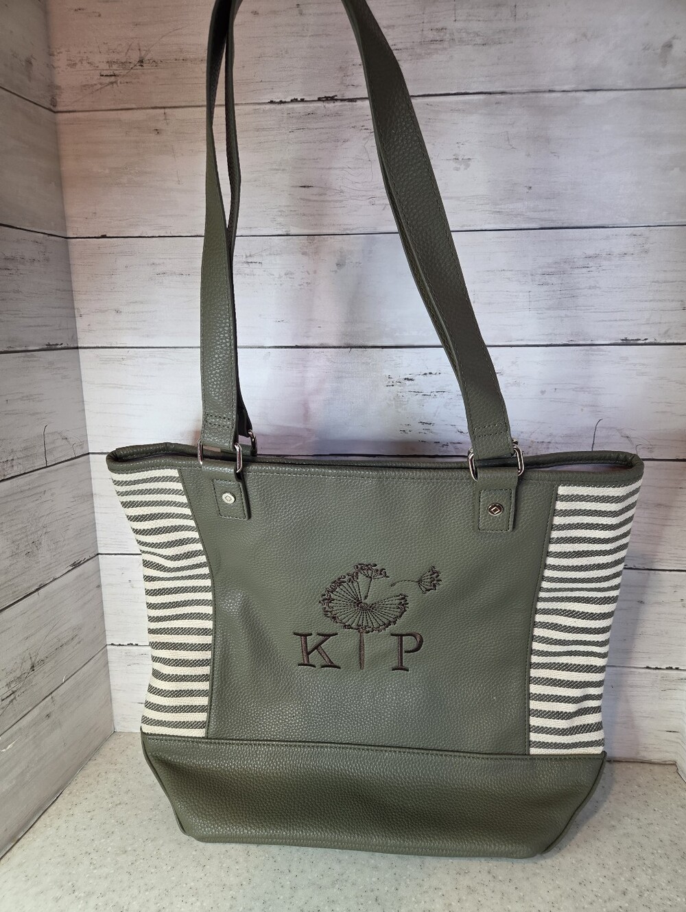 Thirty-One Jewell Tote Bag Green Striped KP Monogram Floral Shoulder Purse